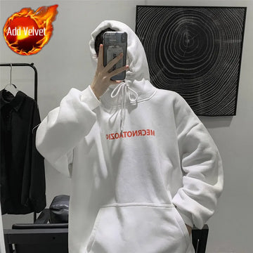 Wiaofellas  -  Male Clothes Hoodies White Sweatshirt For Men Hooded Simple Letter Loose Aesthetic New In Pastel Color Elegant Hot Offers Warm